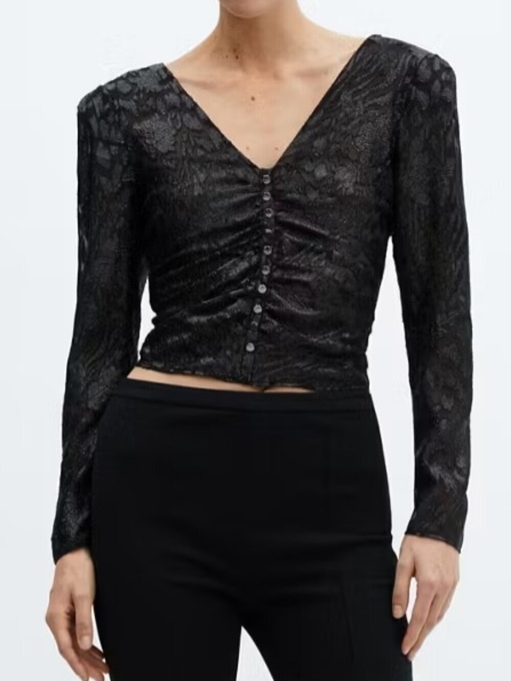Mango Black Metallic Patterned V-Neck Long Puffed Sleeves Blouse Size Large NWT